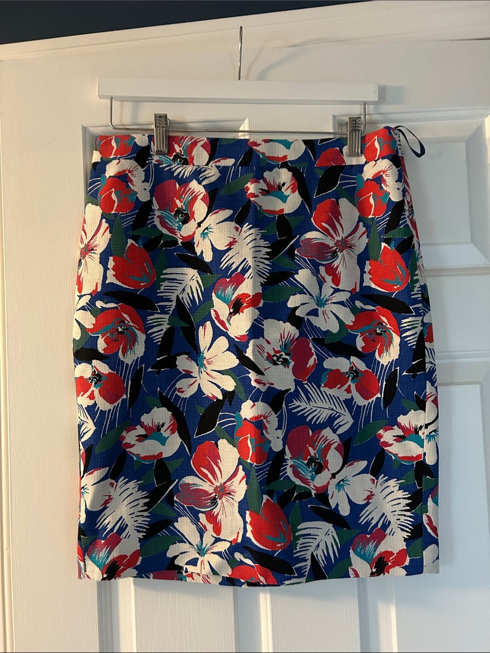 J. Crew Blue Floral Pencil Skirt with Red & Green Print